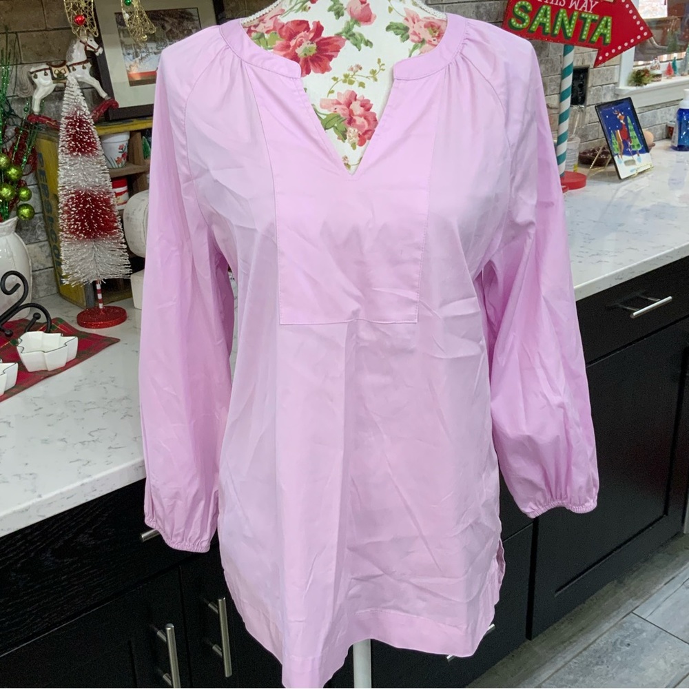 Chico's Poplin V Neck Tunic 3/4 Length Drama Sleeve Medium 8-10 Lavender Blush
